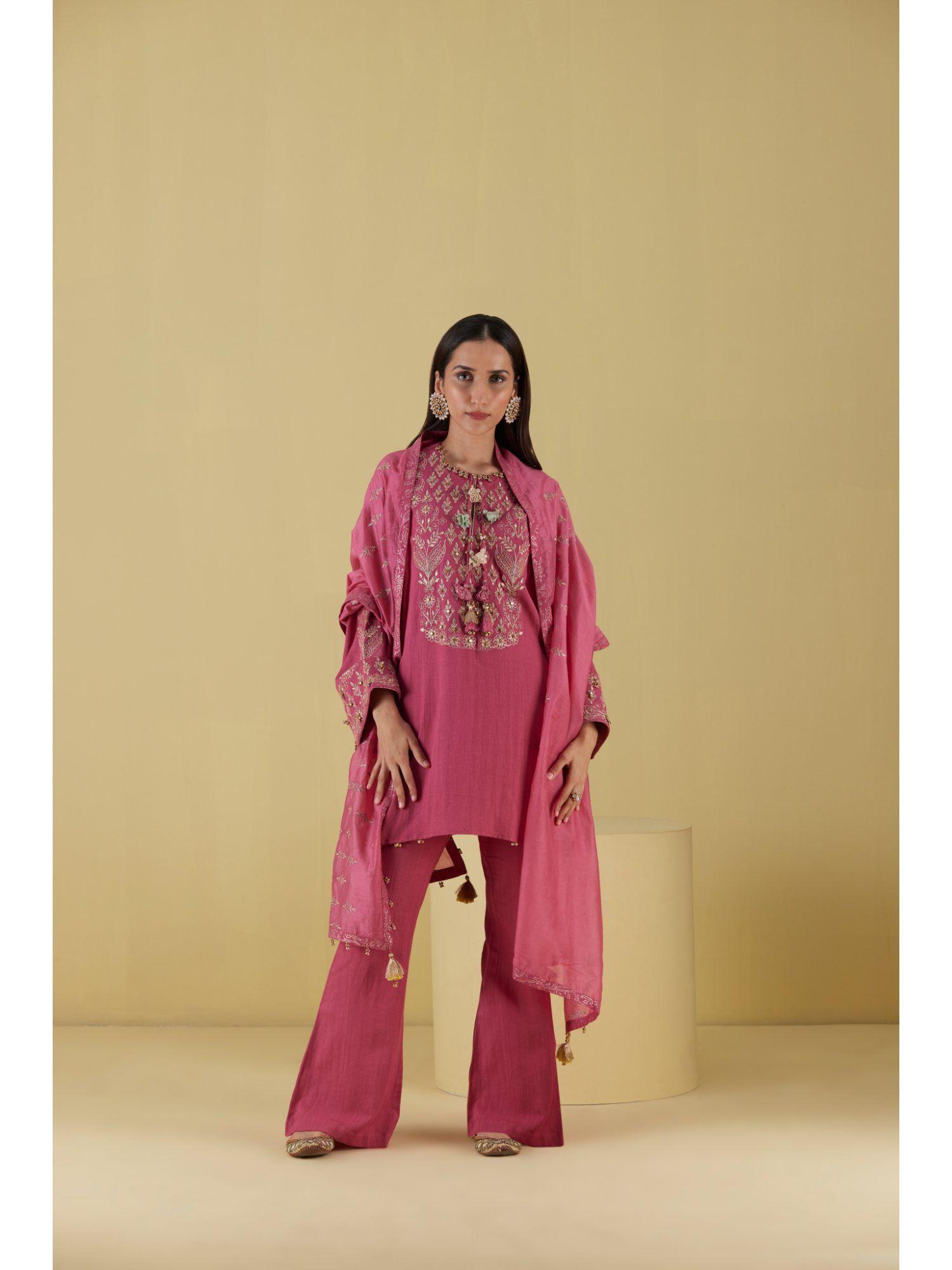 kashmiri kurta in pearly pink with pant (set of 2)