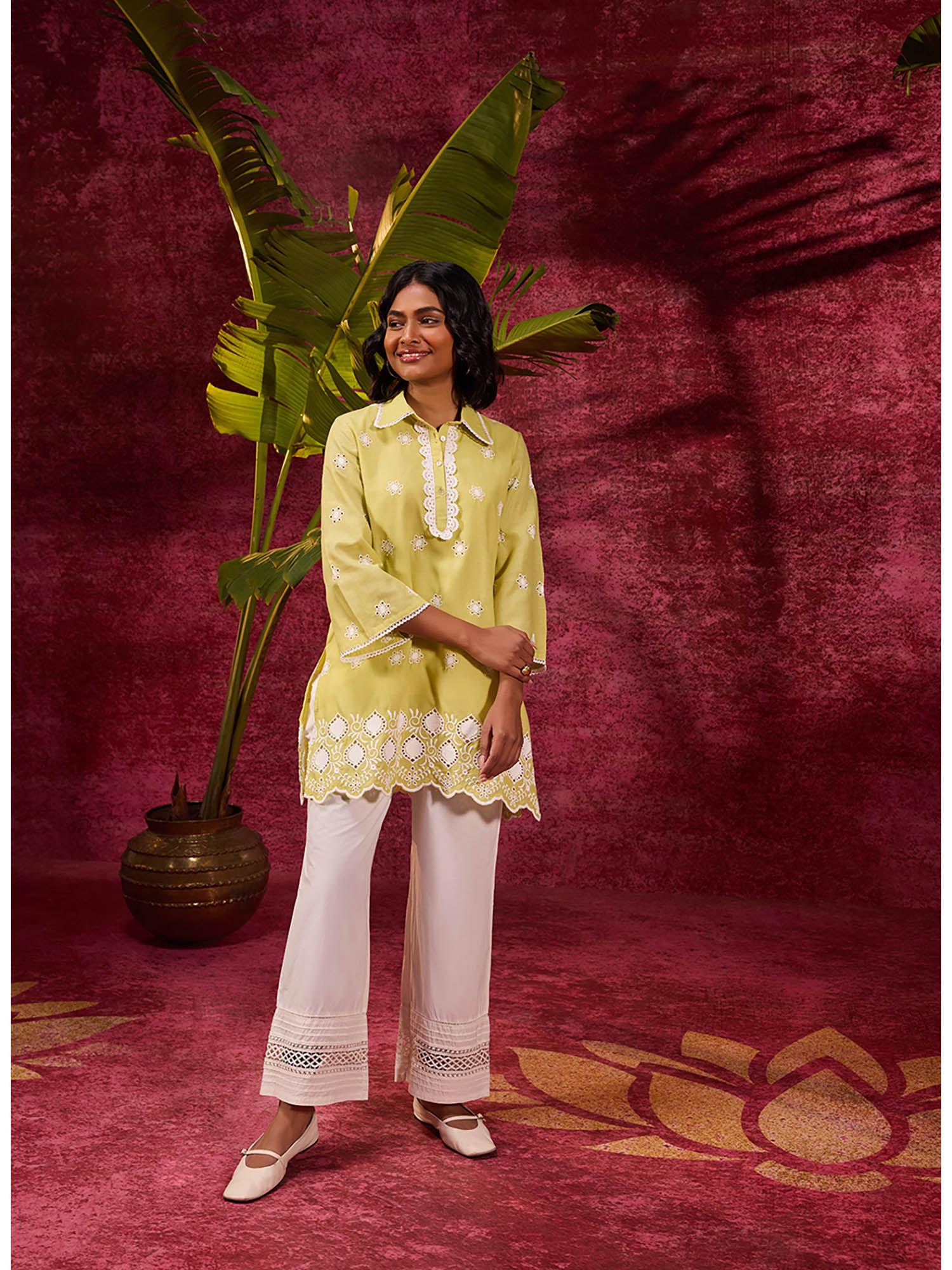 kashni yellow embroidered schiffli tunic for women