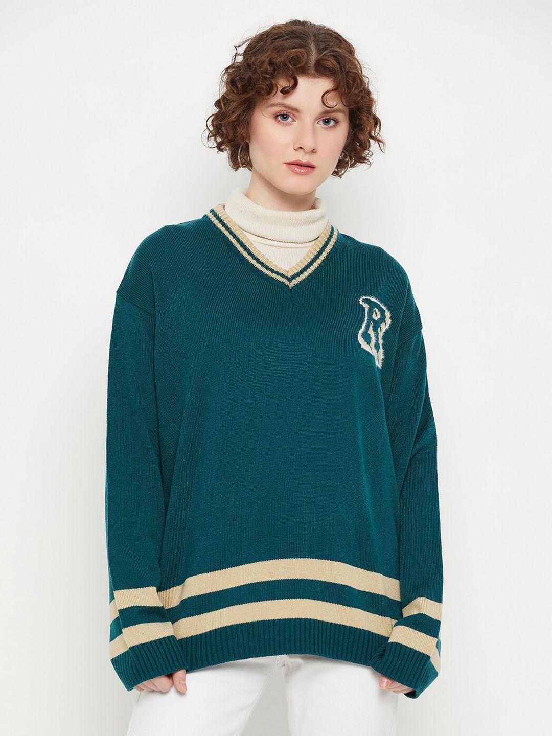 kasma graphic printed v-neck woollen pullover sweater