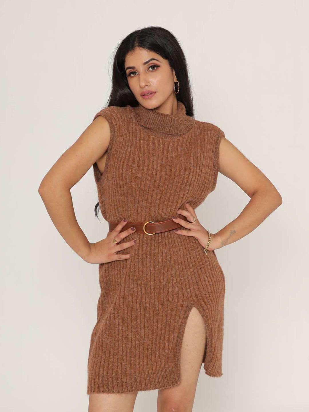 kasma women brown pure wool sweater dress