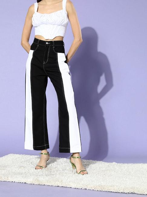 kassually black & white cotton relaxed fit high rise jeans
