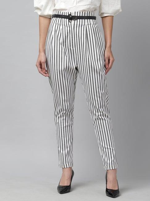 kassually black & white cotton striped high rise trousers