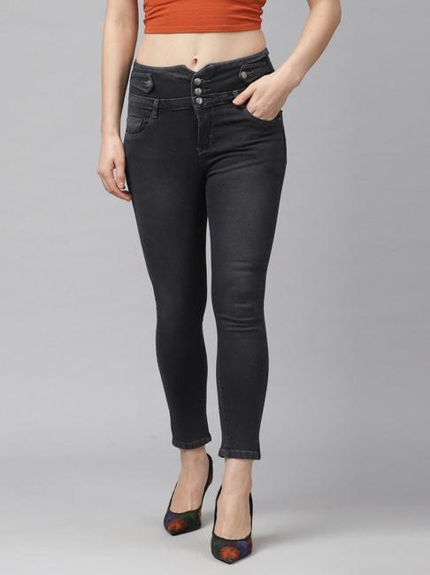 kassually black cotton relaxed fit high rise jeans