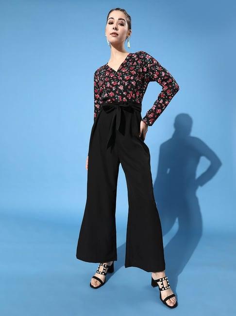 kassually black floral print basic jumpsuit