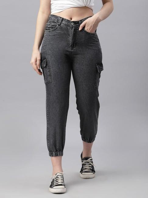 kassually black relaxed fit mid rise joggers