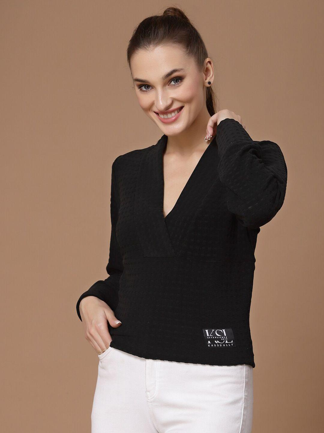 kassually black wrap v neck fitted top
