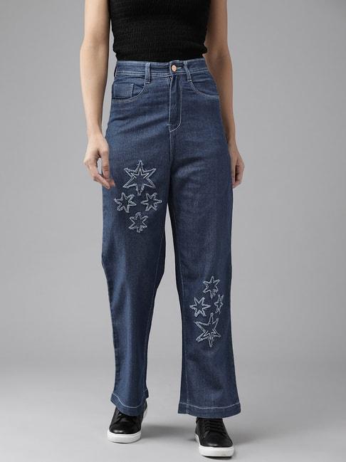 kassually blue embroidered high rise jeans