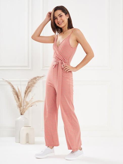 kassually brown cotton striped jumpsuit