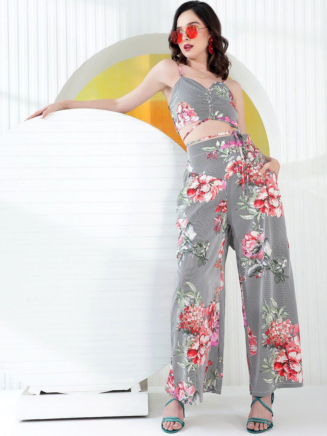 kassually floral printed strapy braleete top with wide leg pant co-ords