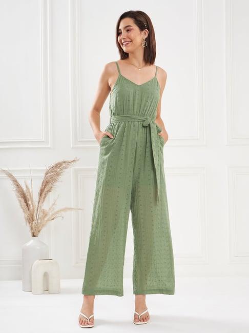 kassually green cotton self design jumpsuit