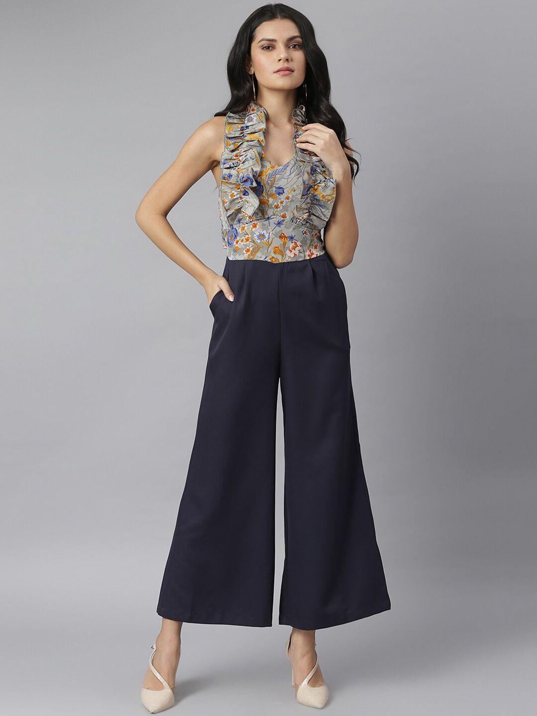 kassually grey & navy blue floral printed culotte jumpsuit with ruffles