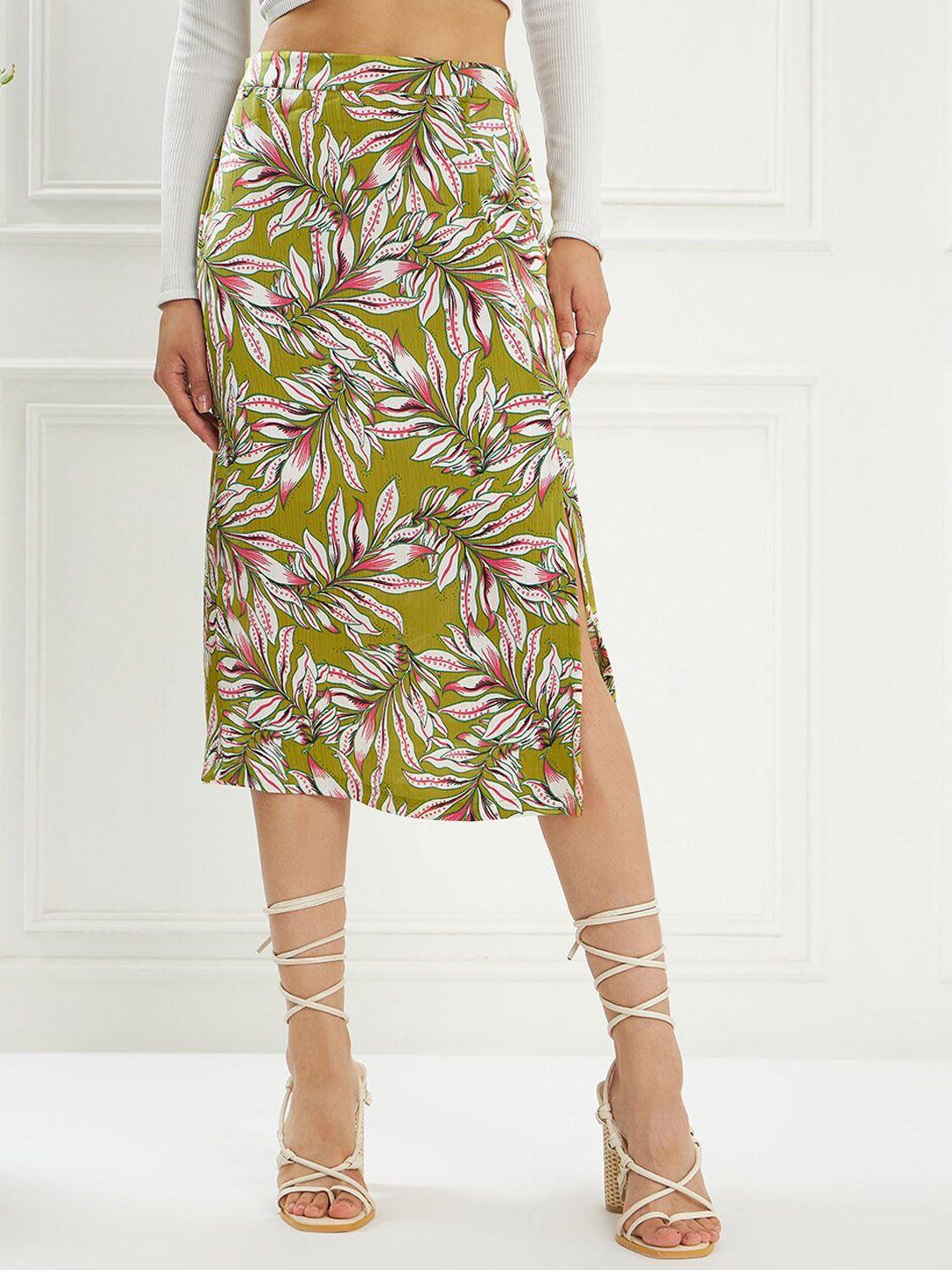 kassually leaf printedside slit midi a-line skirt