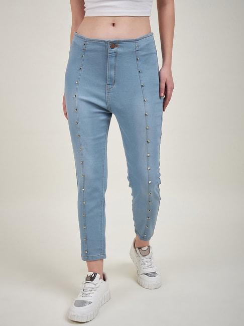 kassually light blue cotton embellished relaxed fit high rise jeans