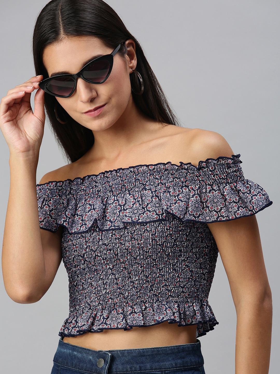 kassually navy blue and purple floral print smocked crop top