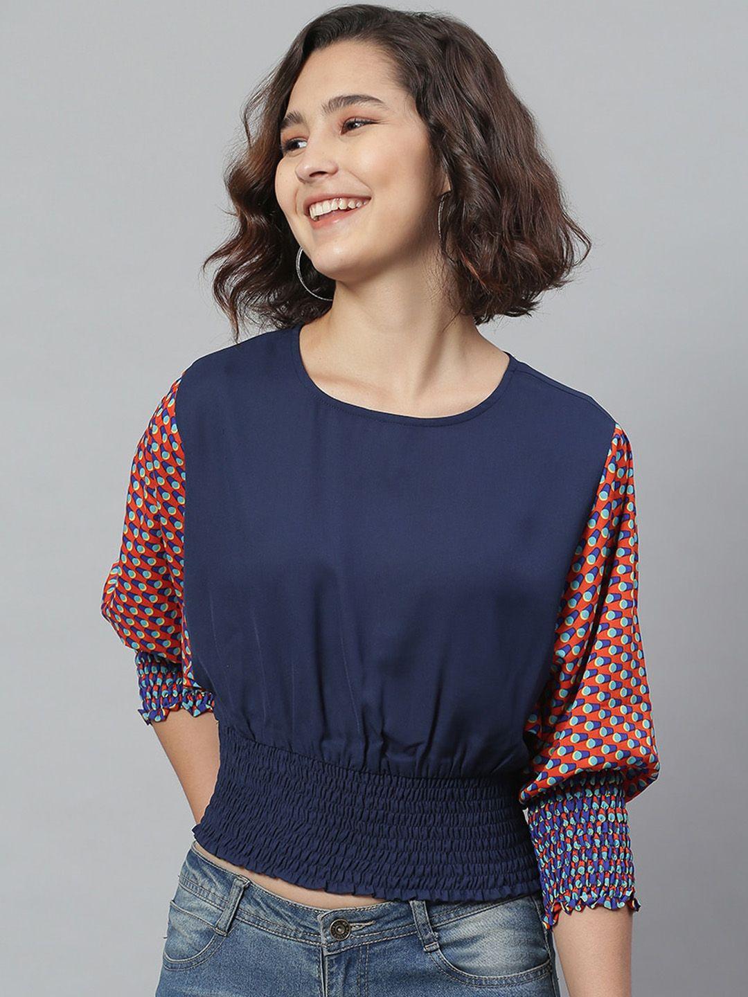 kassually navy blue crepe cinched waist top