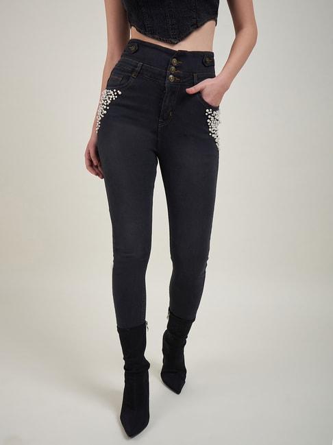 kassually navy cotton embellished relaxed fit high rise jeans