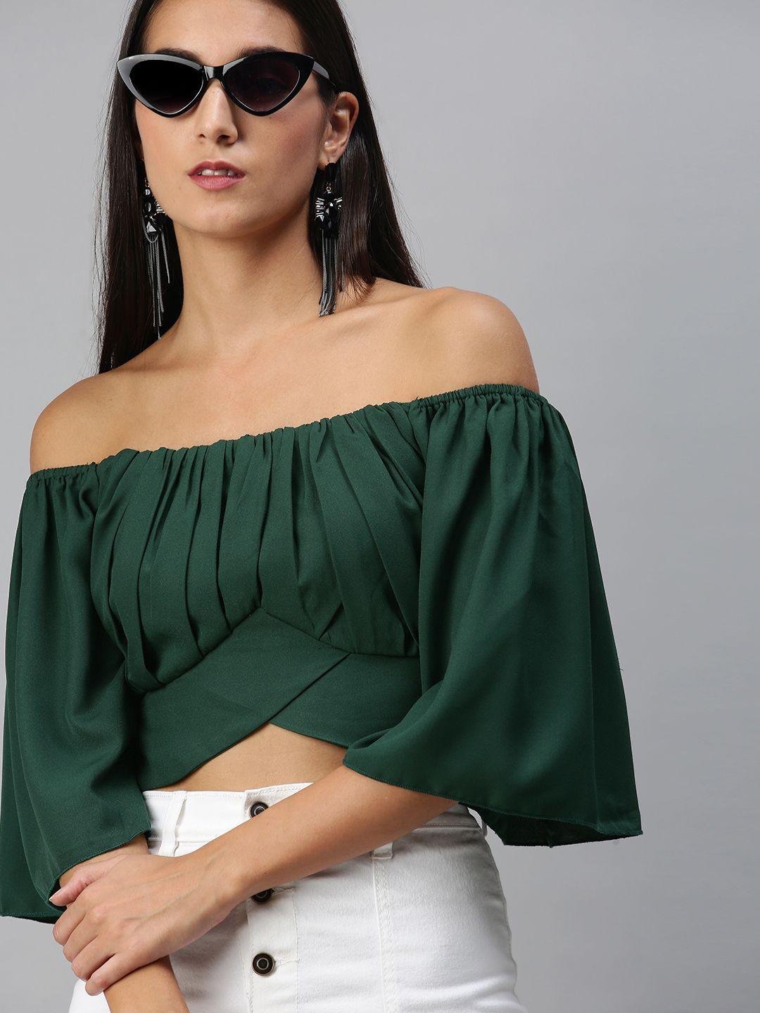 kassually olive solid smocked crop top