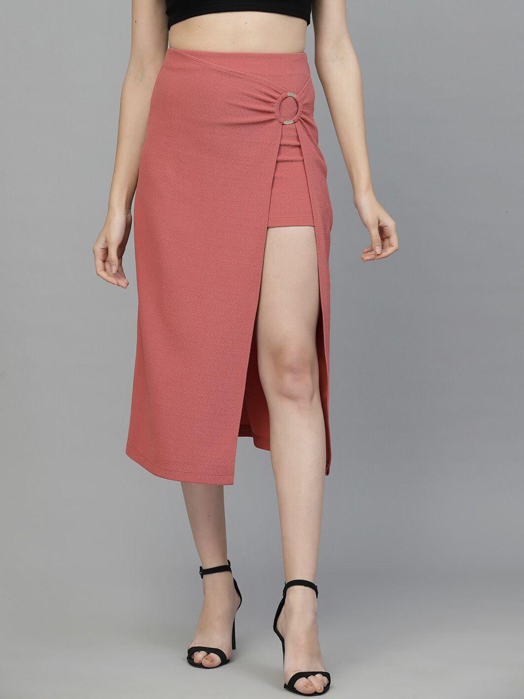 kassually pink ring detailed front slit asymmetry skirt