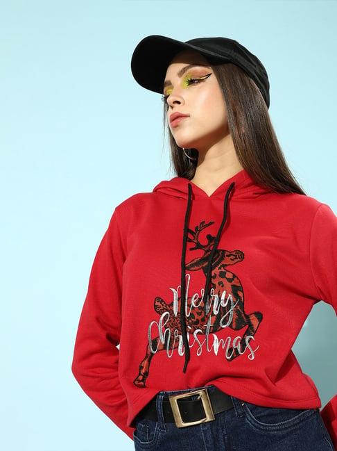 kassually red cotton graphic print hoodie