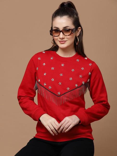 kassually red fleece embellished sweatshirt