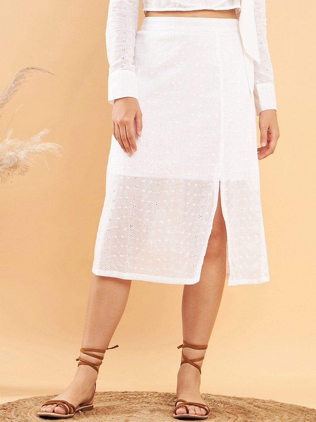 kassually schiffli self design front slit pure cotton a-line midi skirt