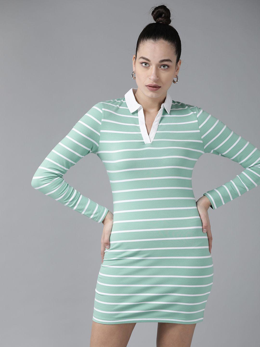 kassually sea green & white striped shirt collar pure cotton bodycon dress