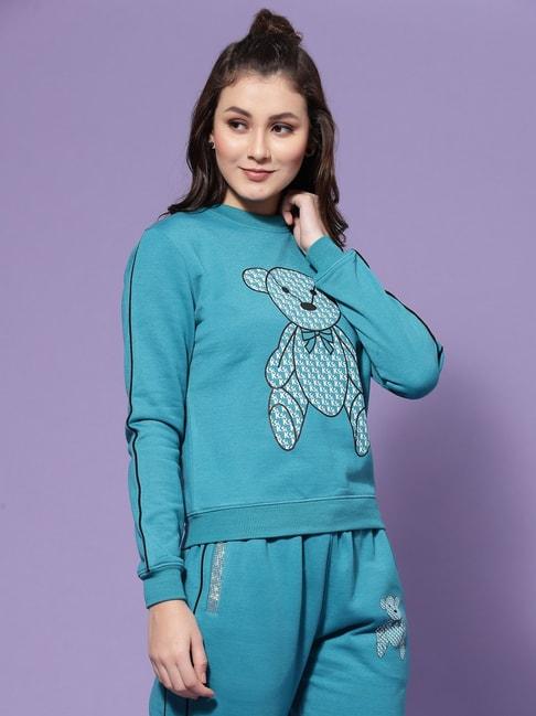 kassually turquoise fleece printed sweatshirt