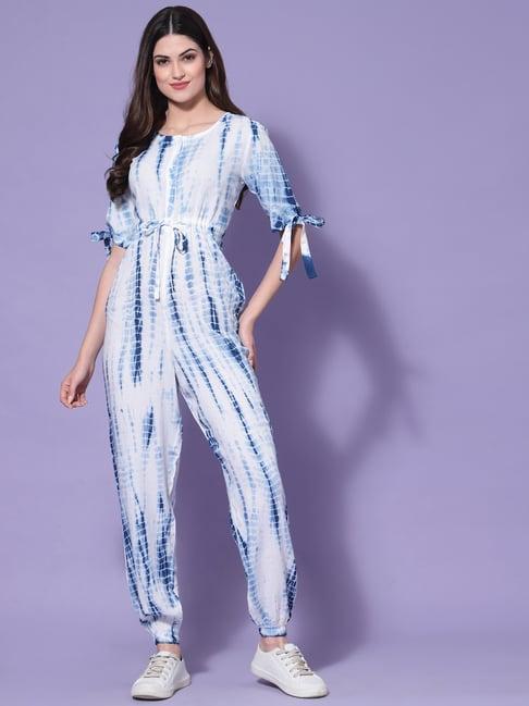 kassually white & blue cotton printed jumpsuit