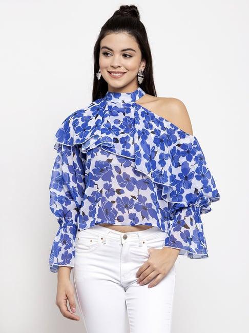 kassually white & blue floral print crop top