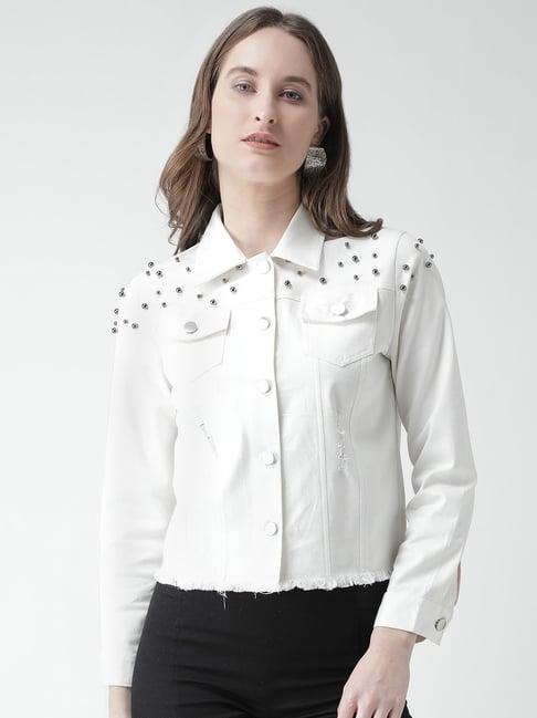 kassually white cotton embellished denim jacket