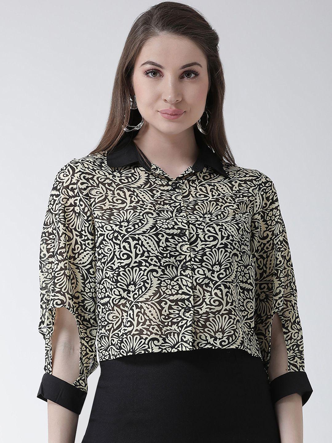 kassually women beige & black regular fit printed casual shirt
