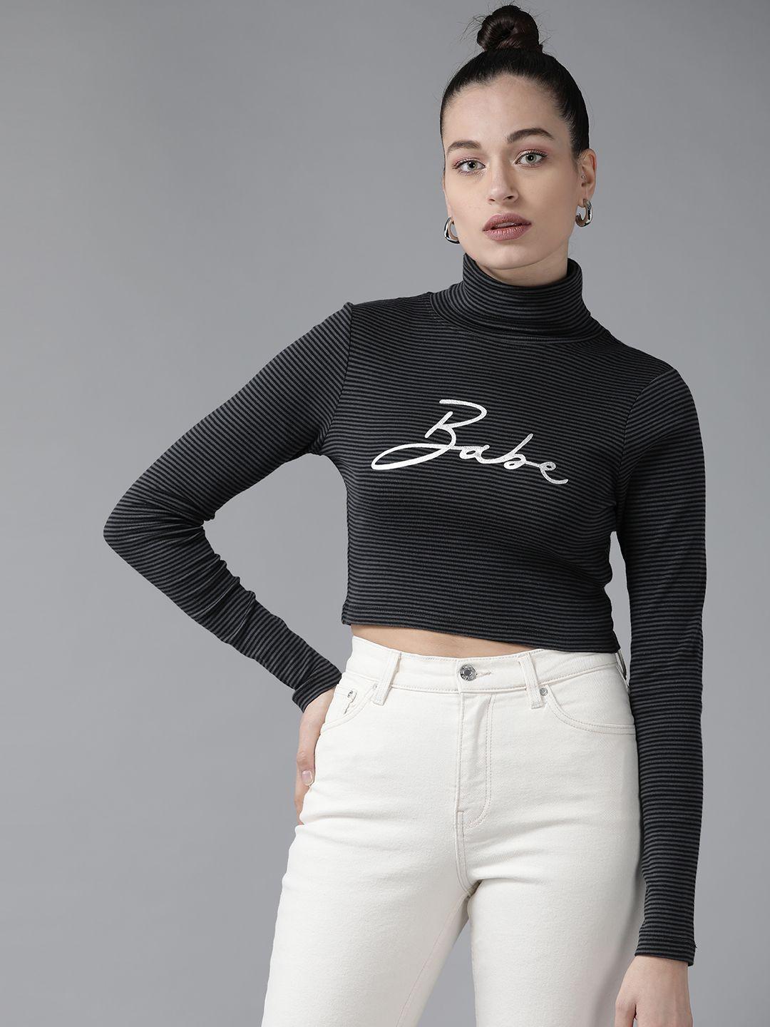 kassually women black & charcoal grey high neck pure cotton crop top