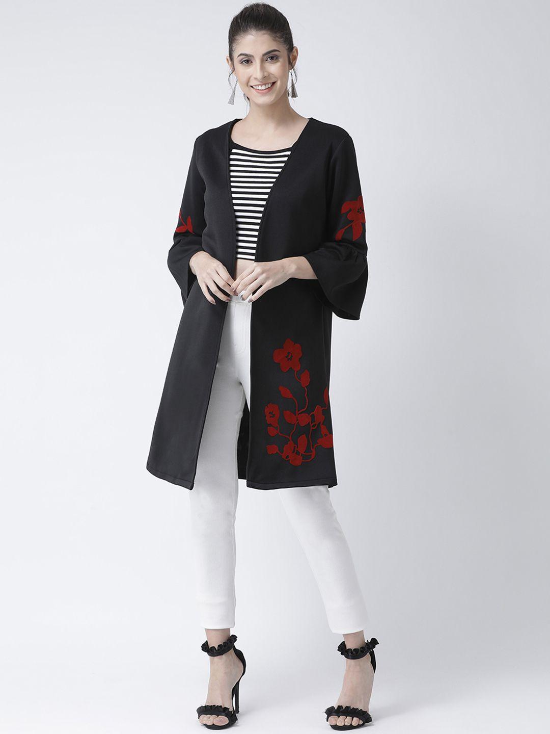 kassually women black & red floral printed open front shrug