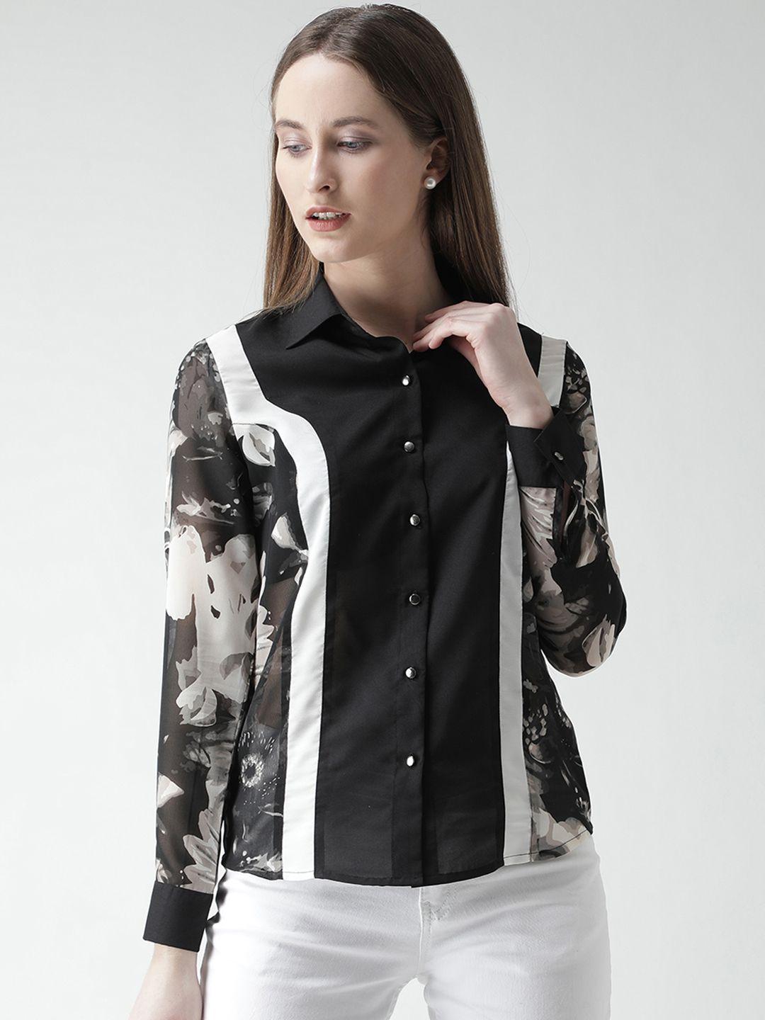 kassually women black & white regular fit printed casual shirt