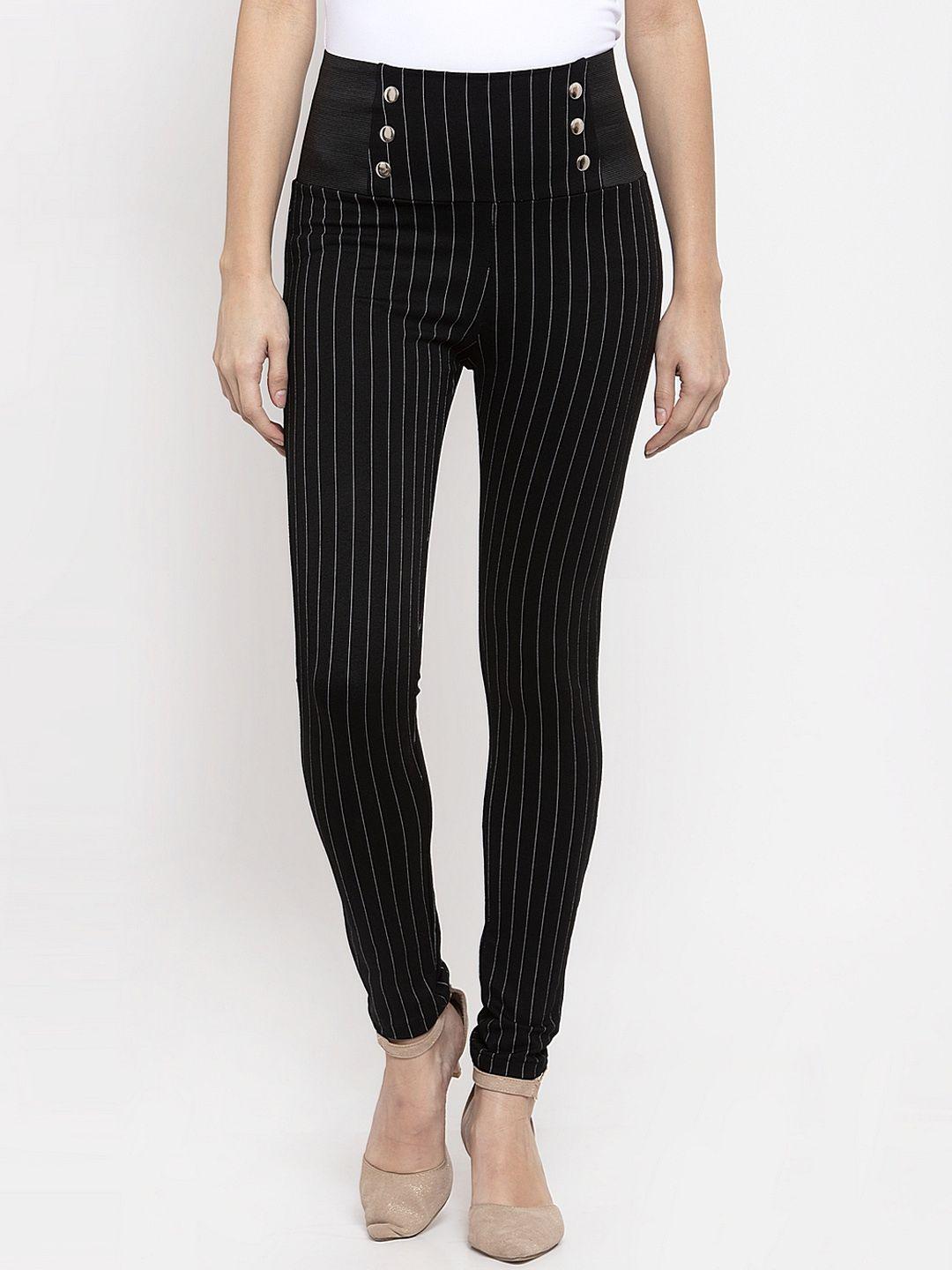 kassually women black & white striped slim-fit treggings