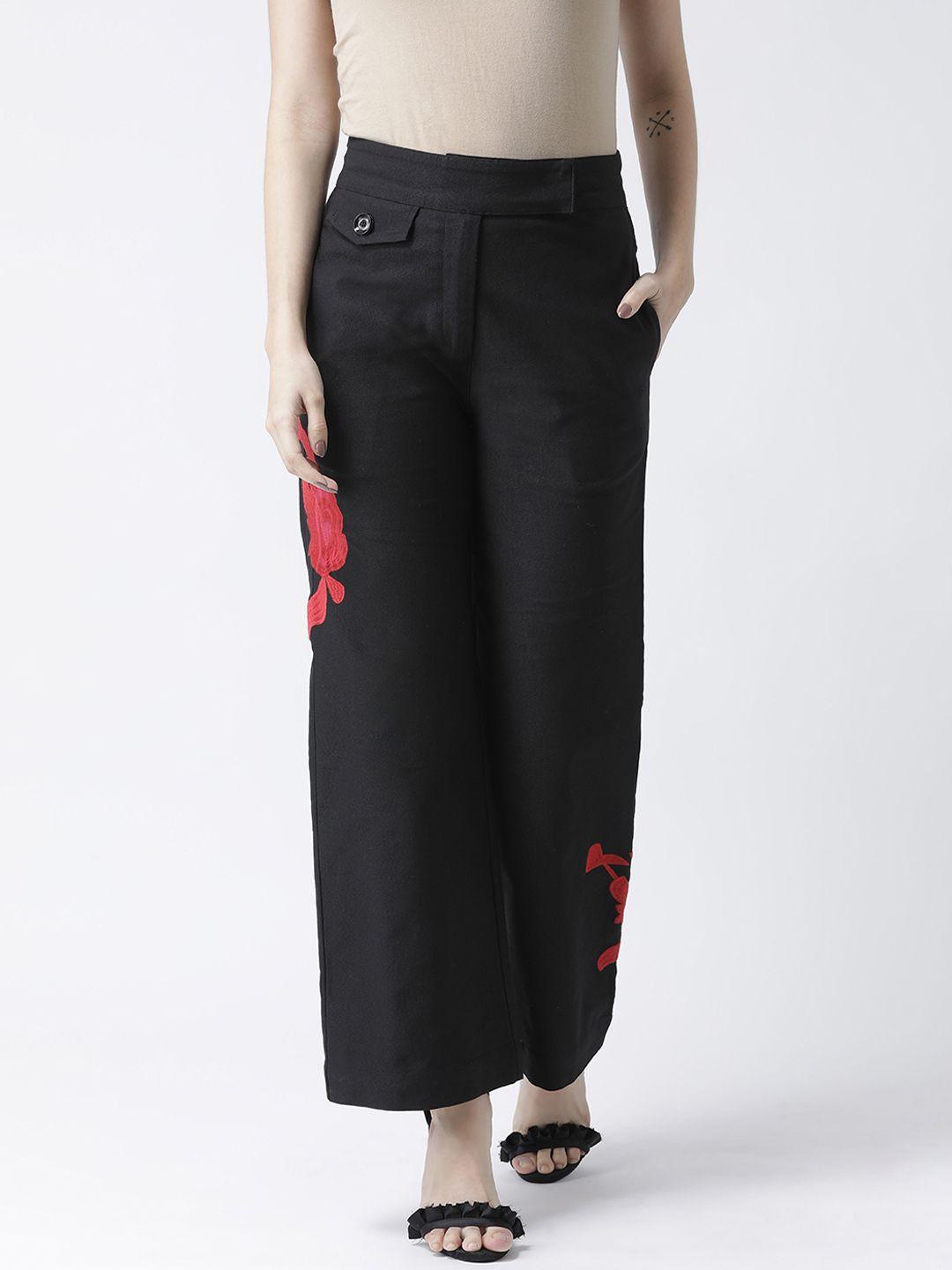 kassually women black regular fit printed regular trousers