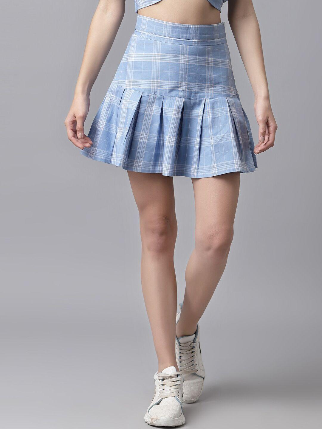 kassually women blue & white checked pure cotton flared mini skirt