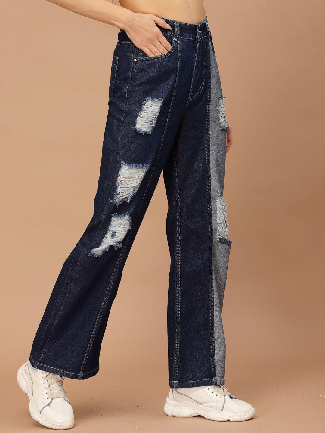 kassually women blue bootcut high-rise mildly distressed light fade jeans