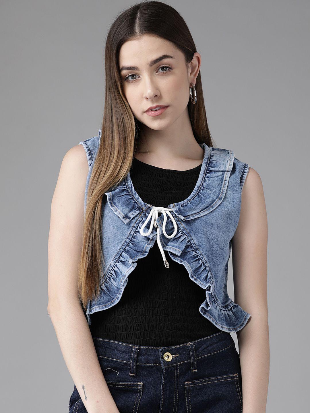 kassually women blue crop tie-up shrug with ruffle detail