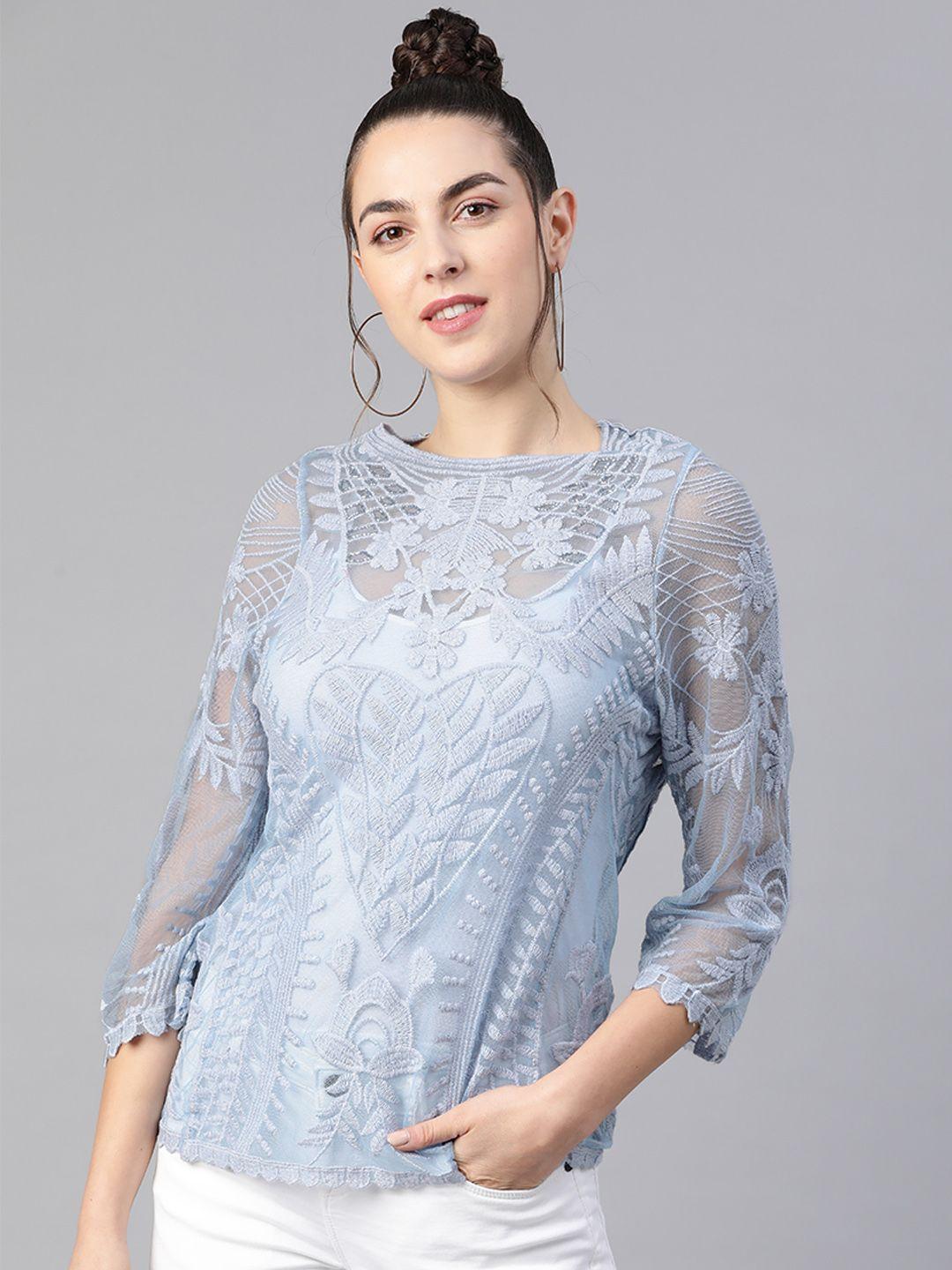 kassually women blue sheer floral embroidered net top