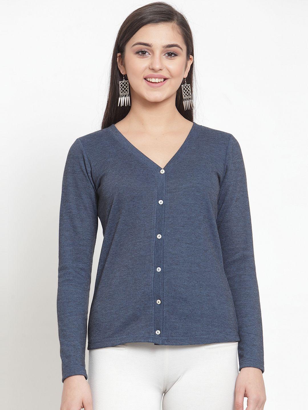 kassually women blue solid cardigan sweater