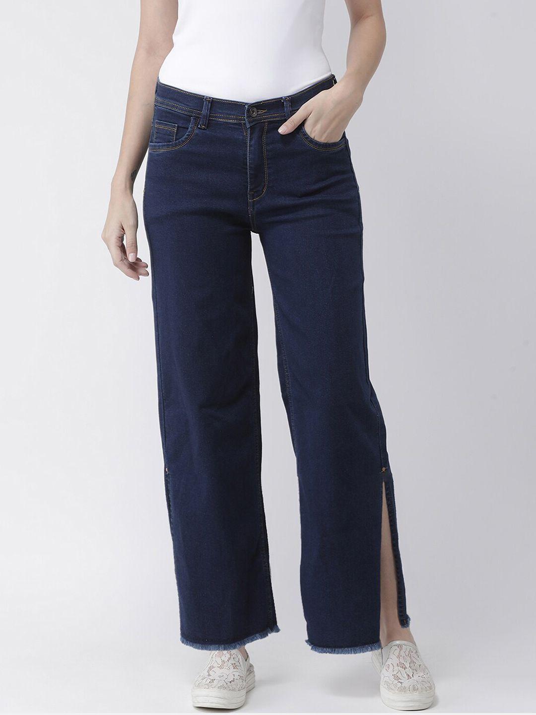 kassually women blue wide leg mid-rise low distress jeans