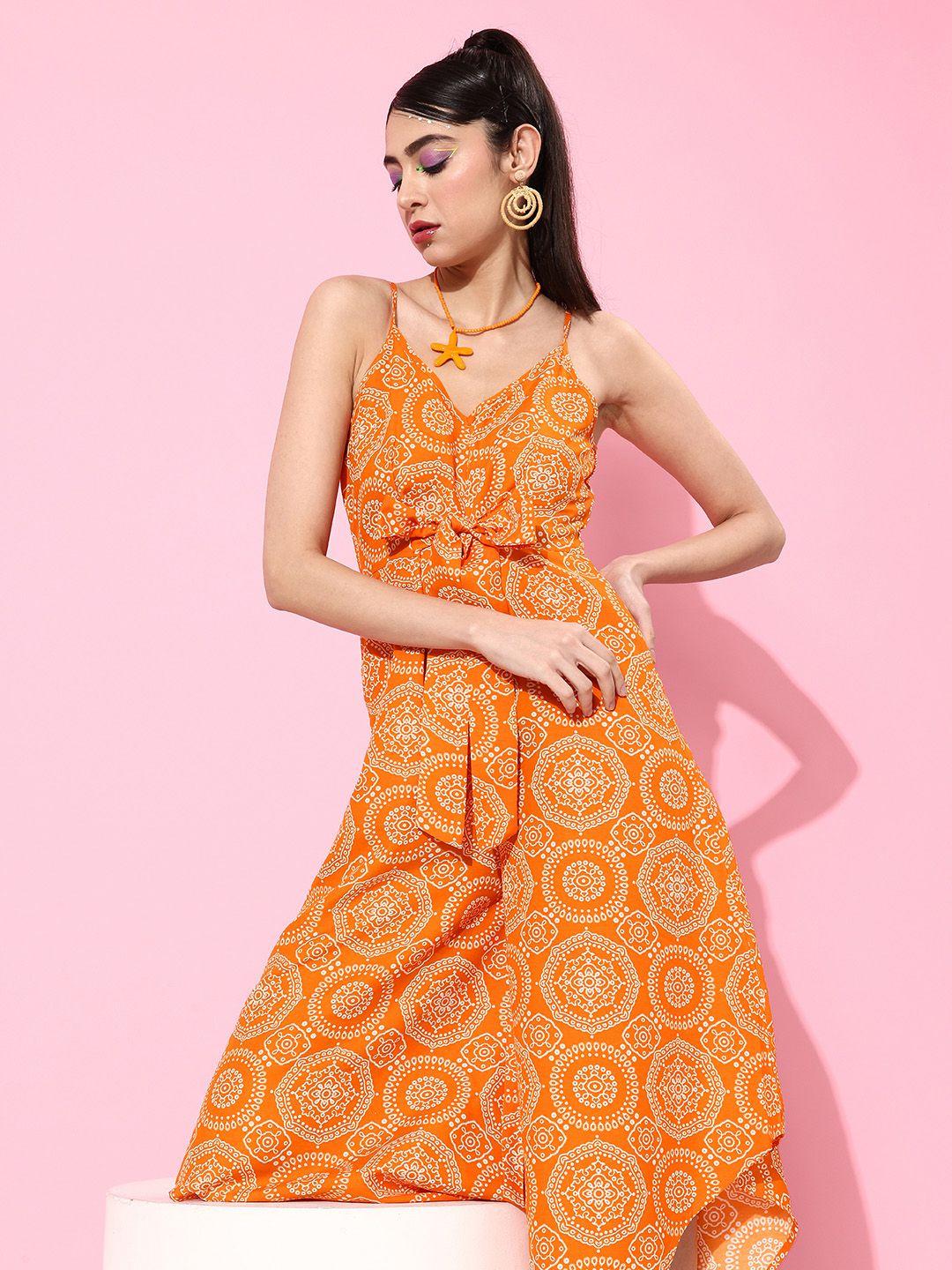 kassually women bright orange ethnic motifs resort wear jumpsuit