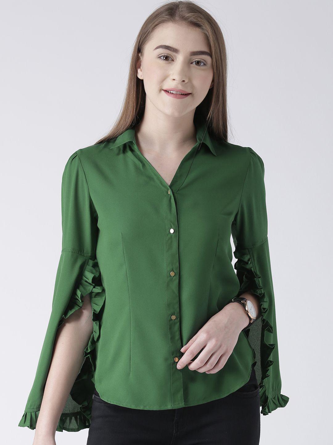 kassually women green comfort regular fit solid casual shirt