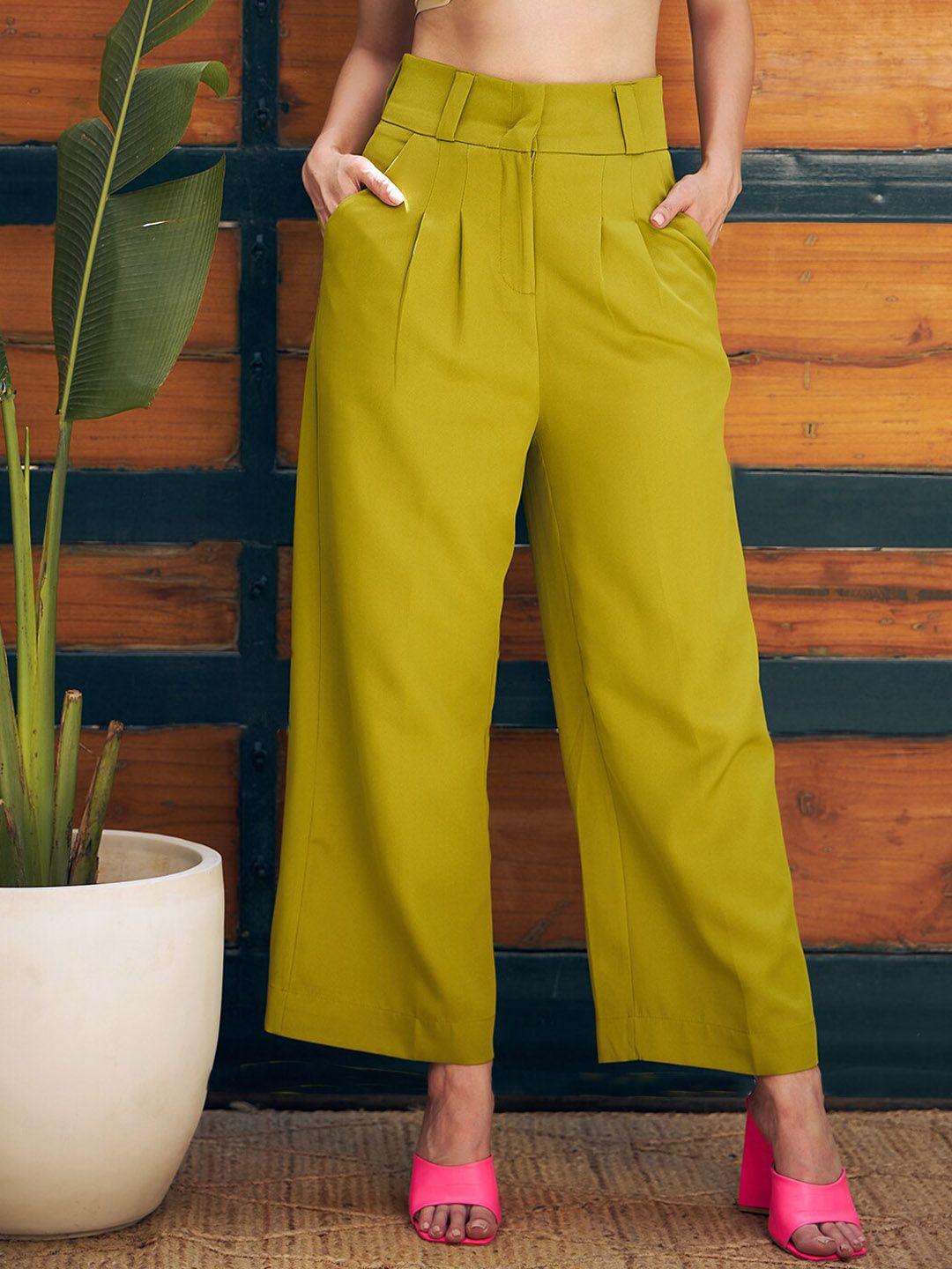 kassually women green flared pleated parallel trousers