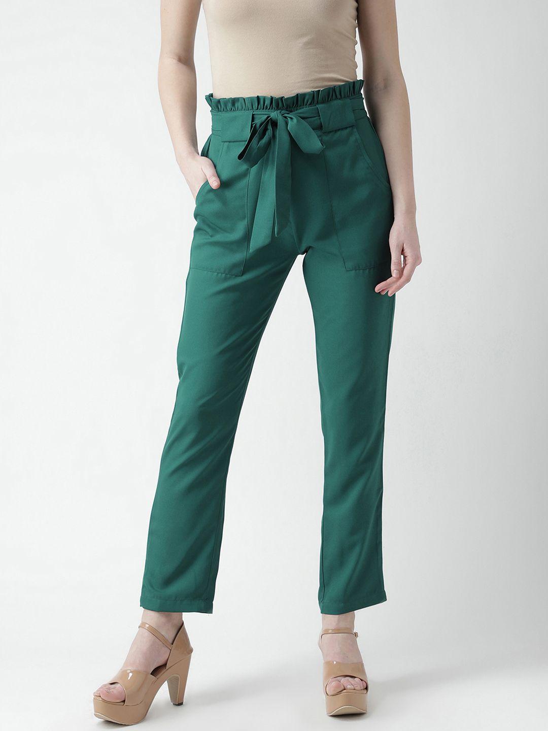 kassually women green peg leg regular fit solid cropped peg trousers