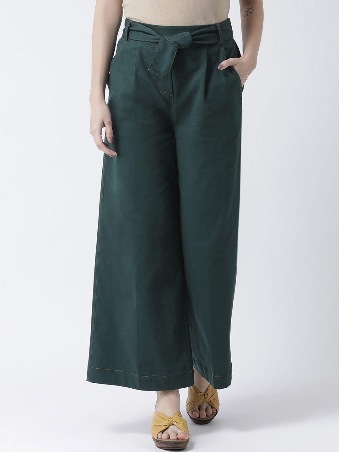 kassually women green regular fit solid culottes