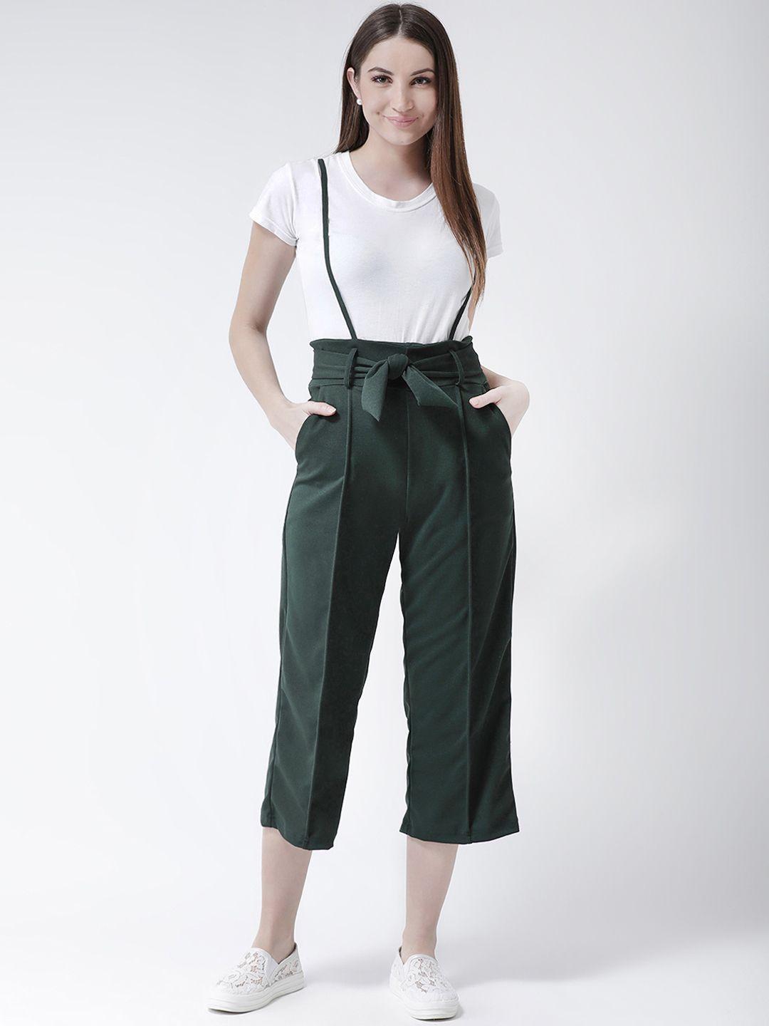 kassually women green solid cropped dungarees