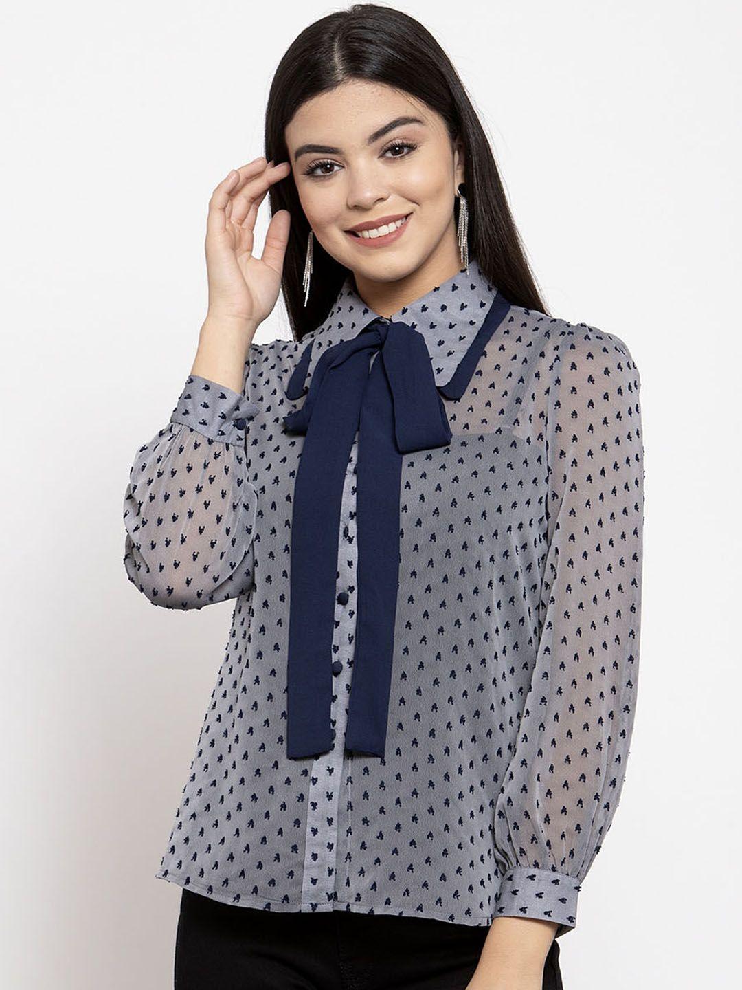 kassually women grey & blue slim fit printed casual shirt
