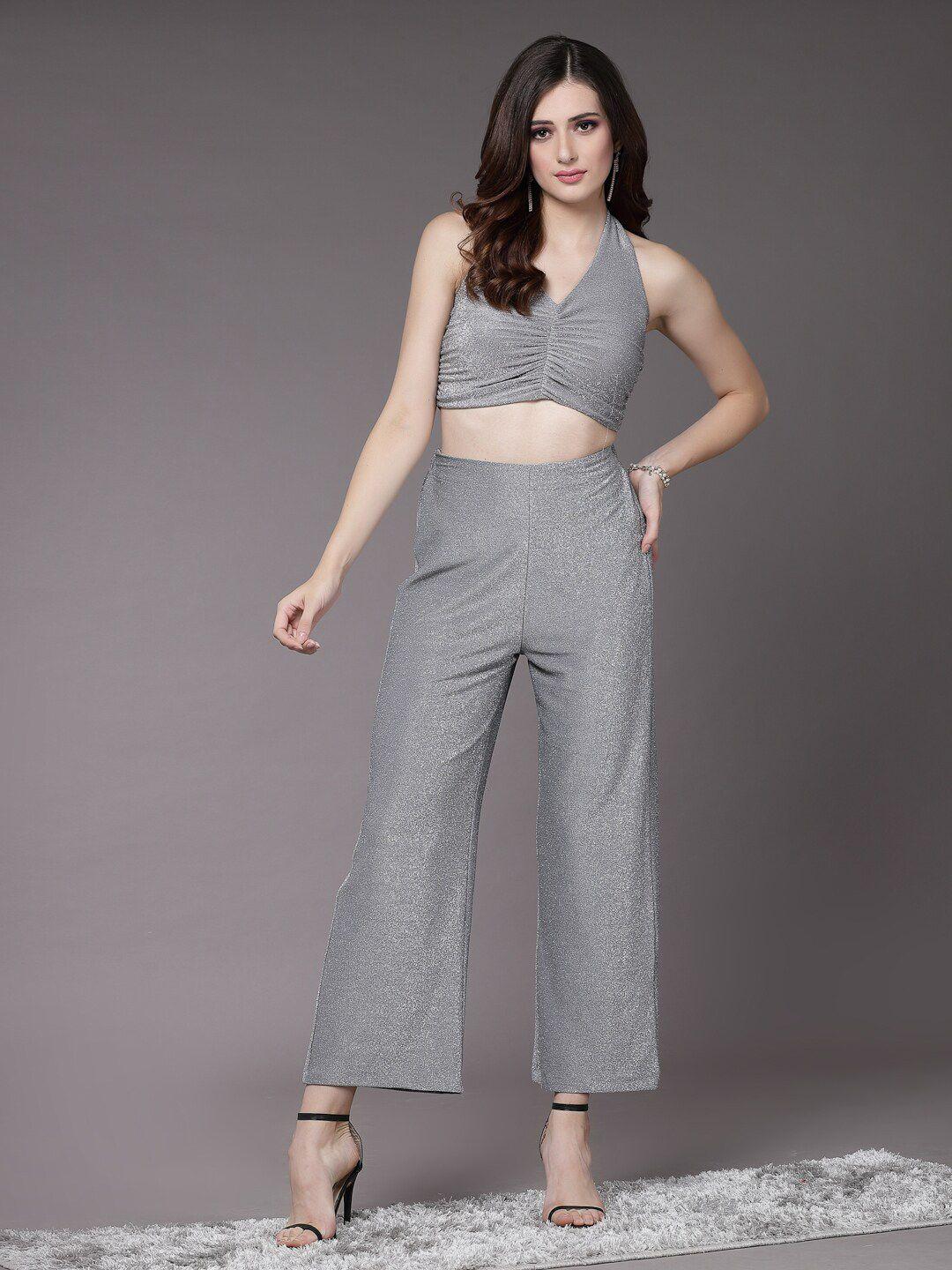 kassually women grey top with trouser co-ords set